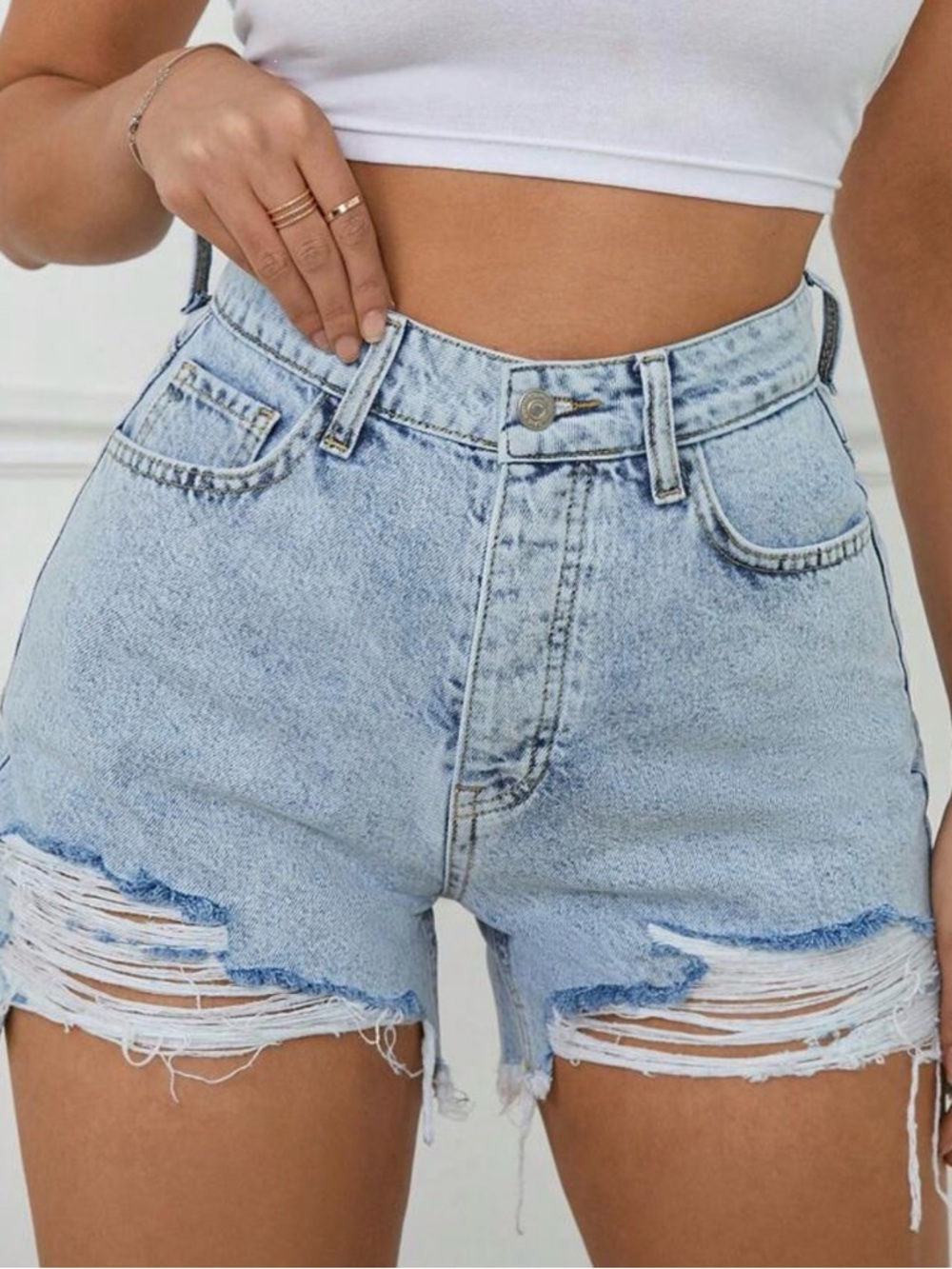 SHEIN Light Blue High-Rise Distressed Jean Shorts